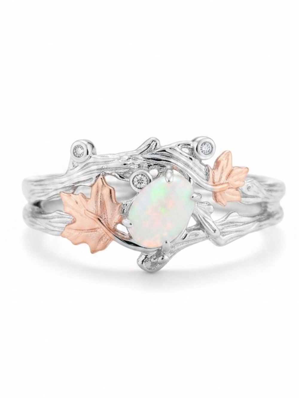 White Gold Plated Moonstone Leaf Branch Ring with CZ Accents. New.